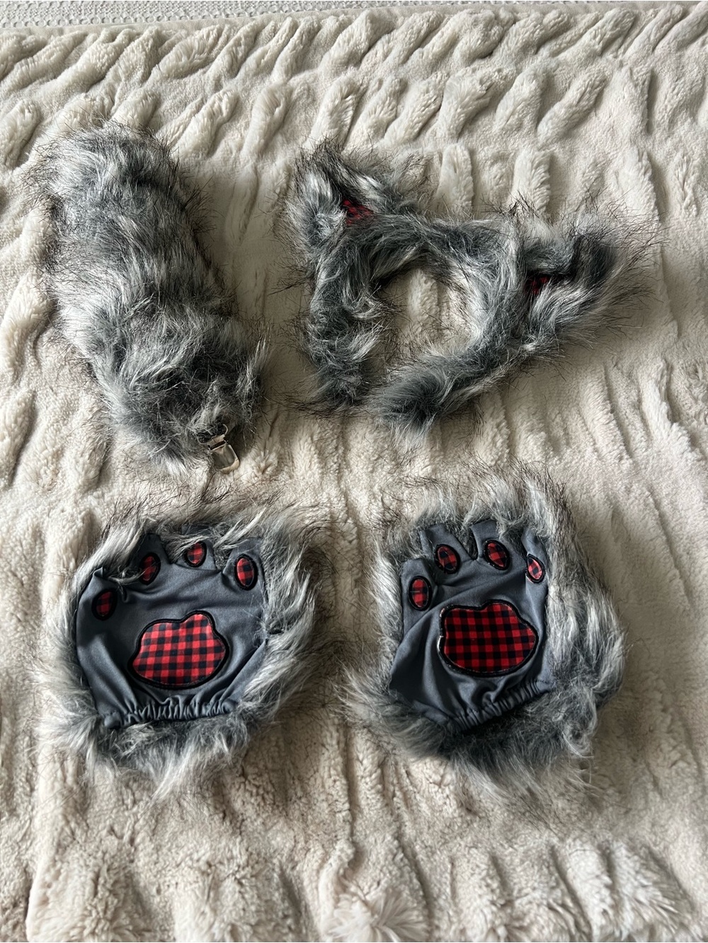 UNisex Faux Fur Wolf Paw Costume Set in Gray with Red Plaid
